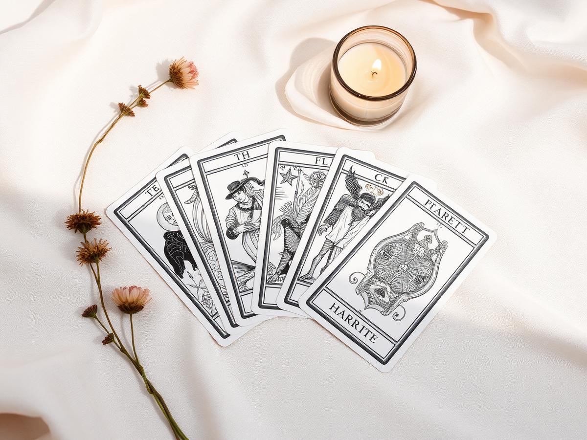Tarot cards on soft ivory linen with a candle